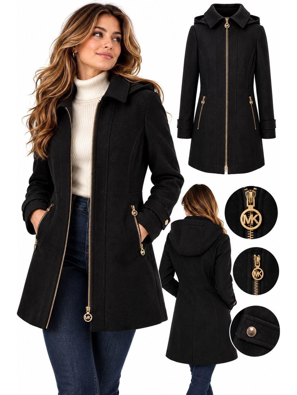 MICHAEL Michael Kors Black Wool Blend Hooded Zip Coat Gold Hardware 6